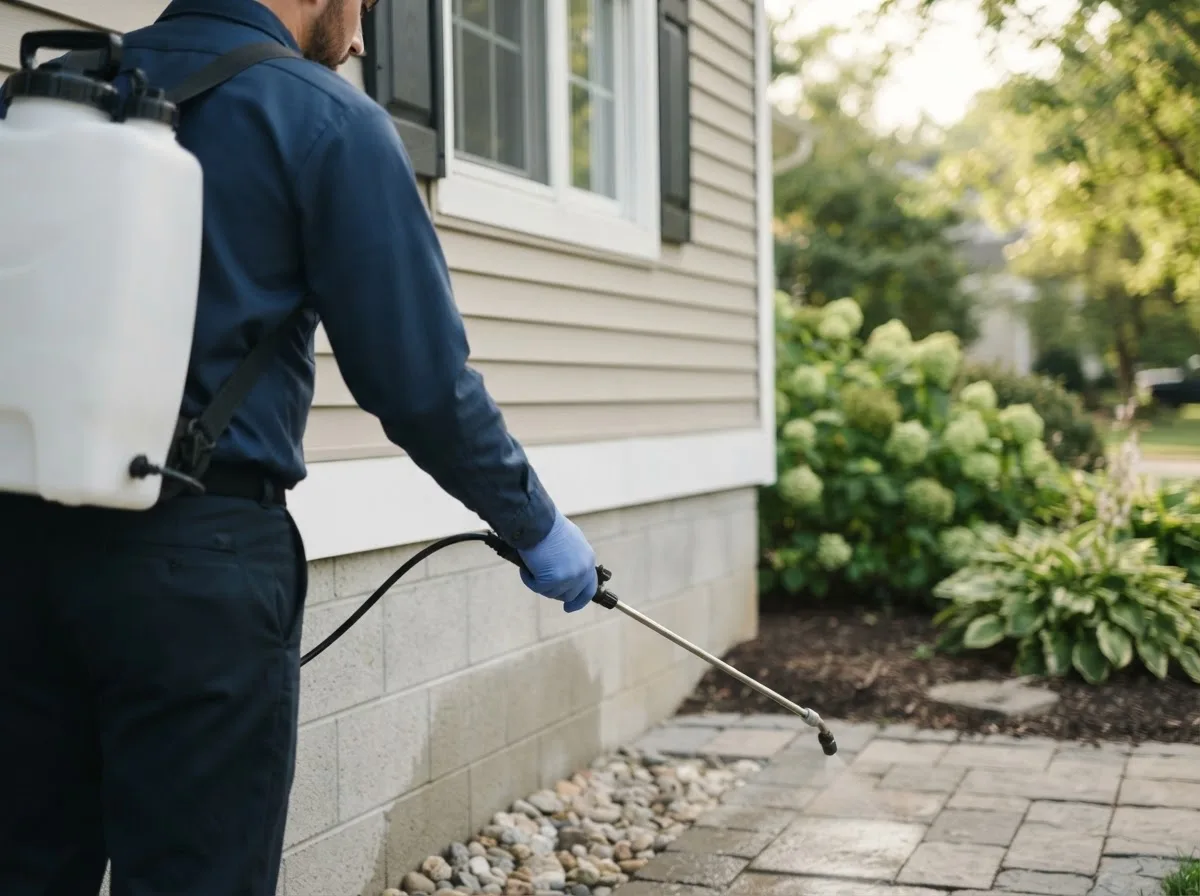 Pest control technician inspecting a home in Broadlands, IL